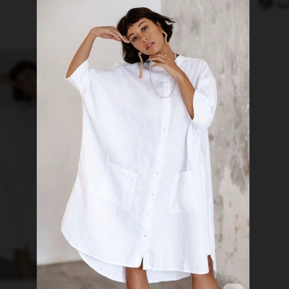 Myrah Penaloza Kundalini White Linen Flowy Shirt Dress One size NWT